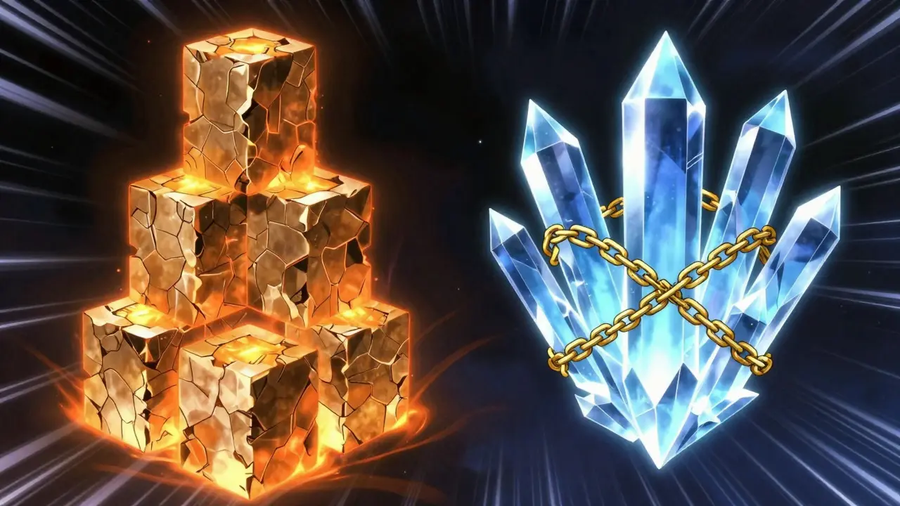 Stacked blocks vs crystal shards illustrating blockchain finality types