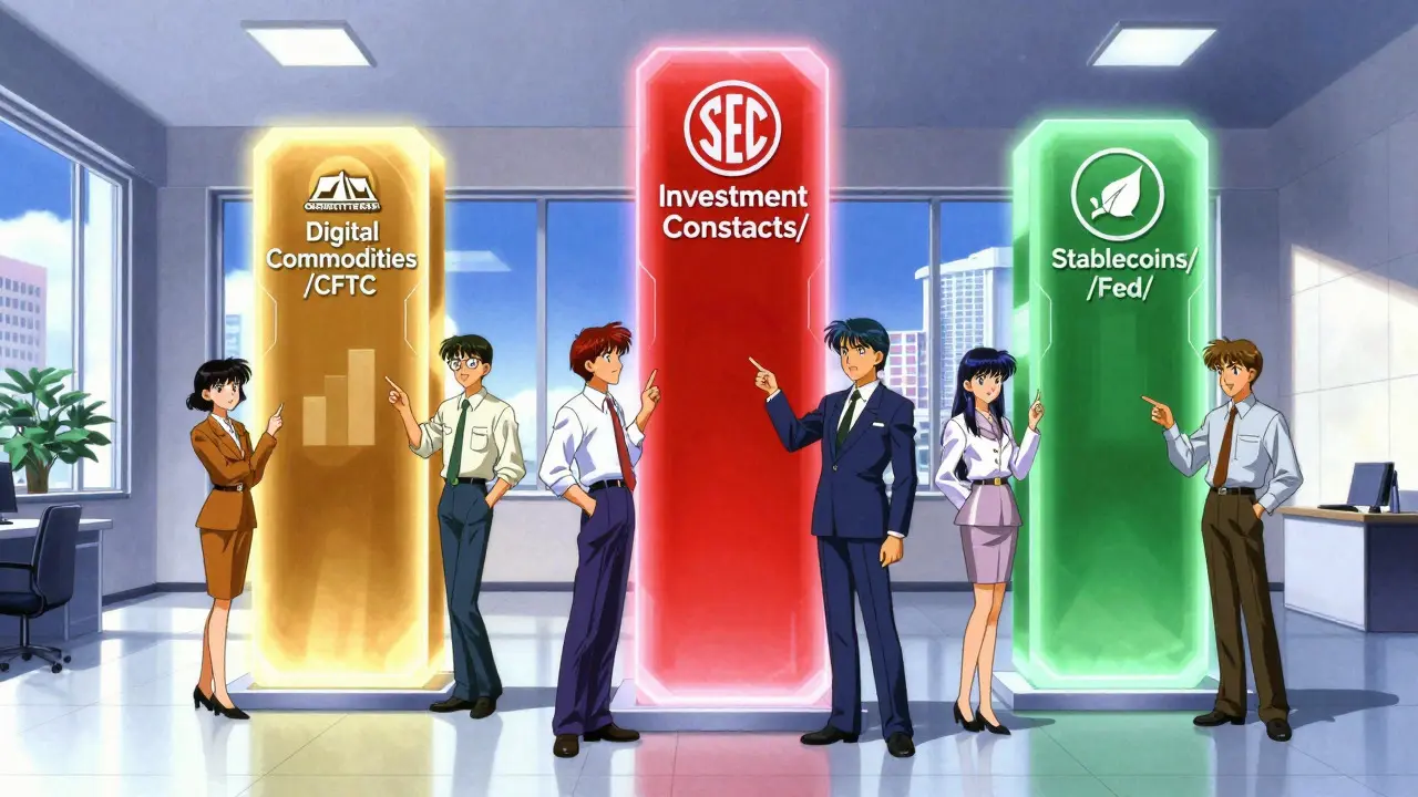 Three glowing pillars representing new crypto asset classes clearly
