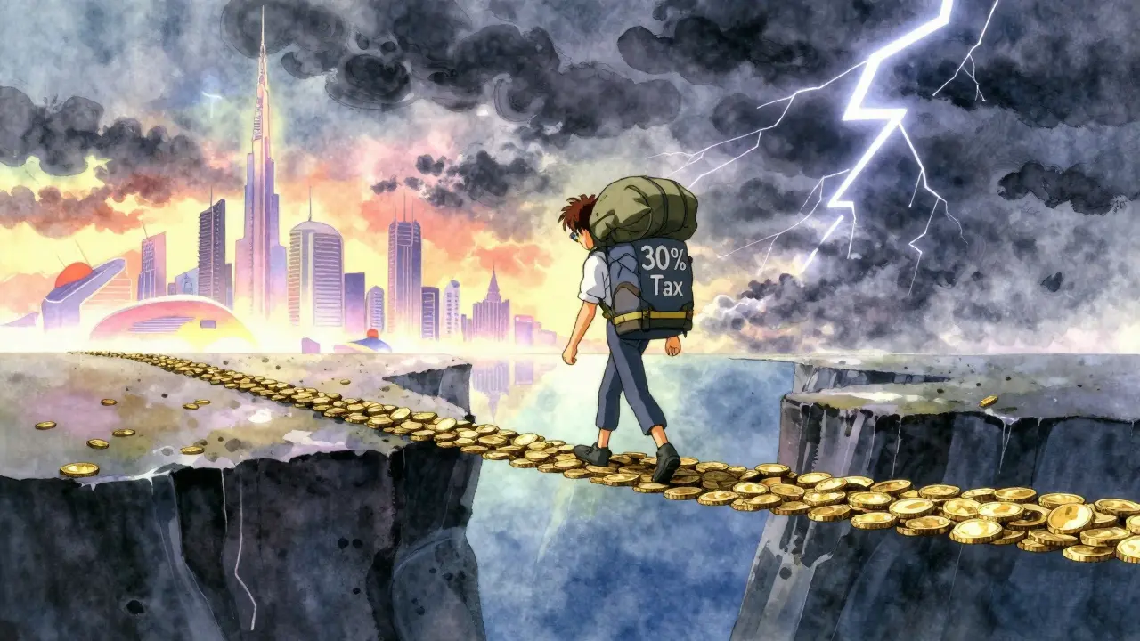 Traveler crossing a coin bridge towards a distant city