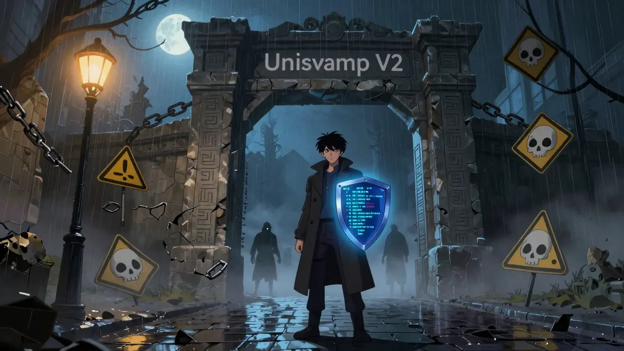 User guarding against DeFi risks at an ancient gateway in 90s anime art