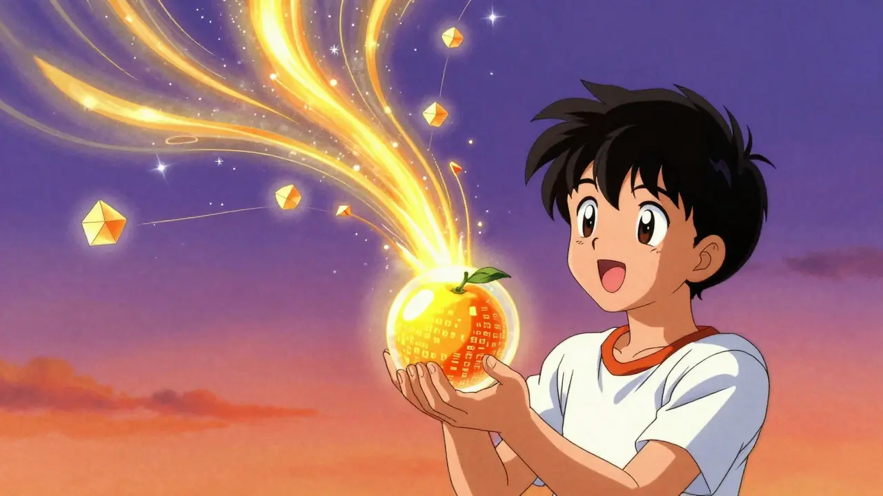 90s anime art showing a character holding a glowing token with golden reward streams rising up