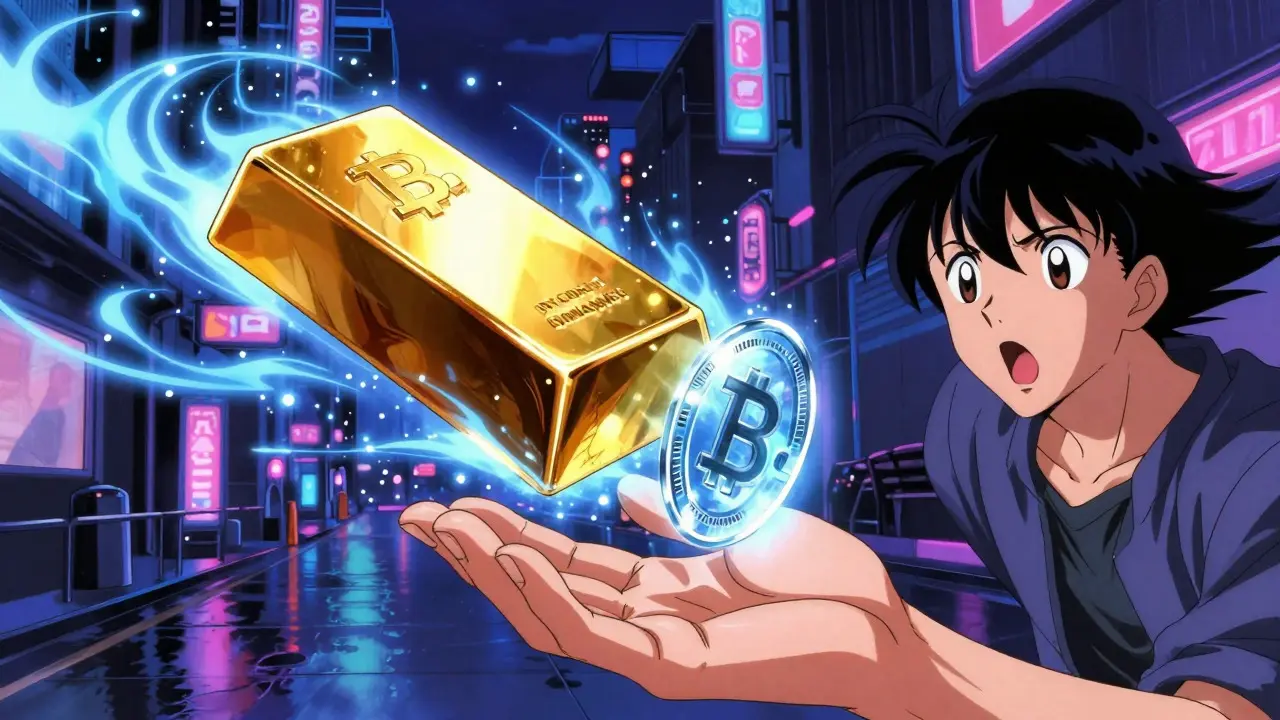 90s anime style image of a gold bar transforming into a floating digital token