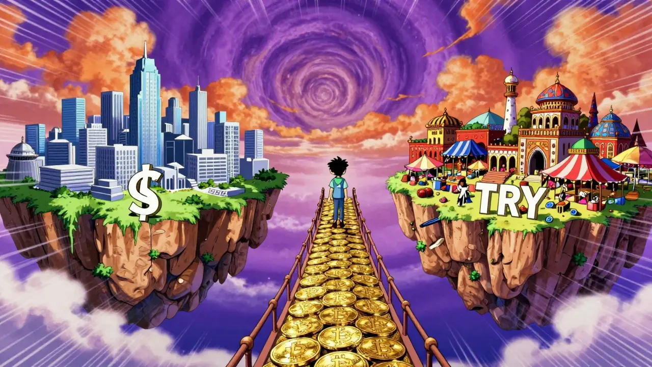 A character on a coin bridge connecting two distinct cities under a volatile sky