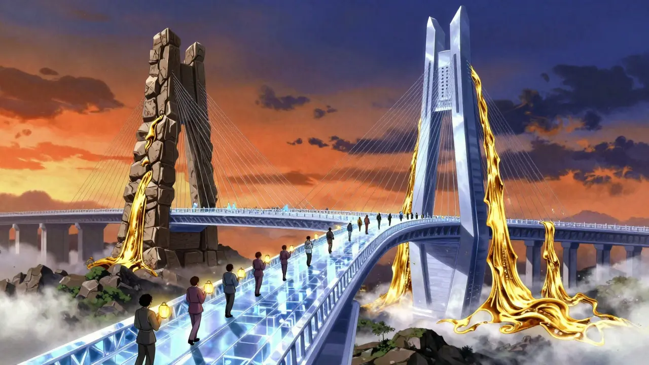 A crystal bridge connecting two towers with streams of gold, depicting liquidity migration