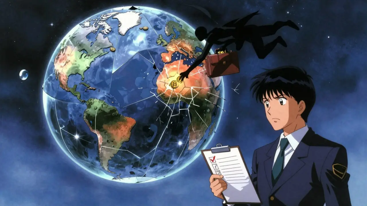 A fragmented glass globe with dark cracks where a shadowy figure escapes, symbolizing regulatory compliance gaps