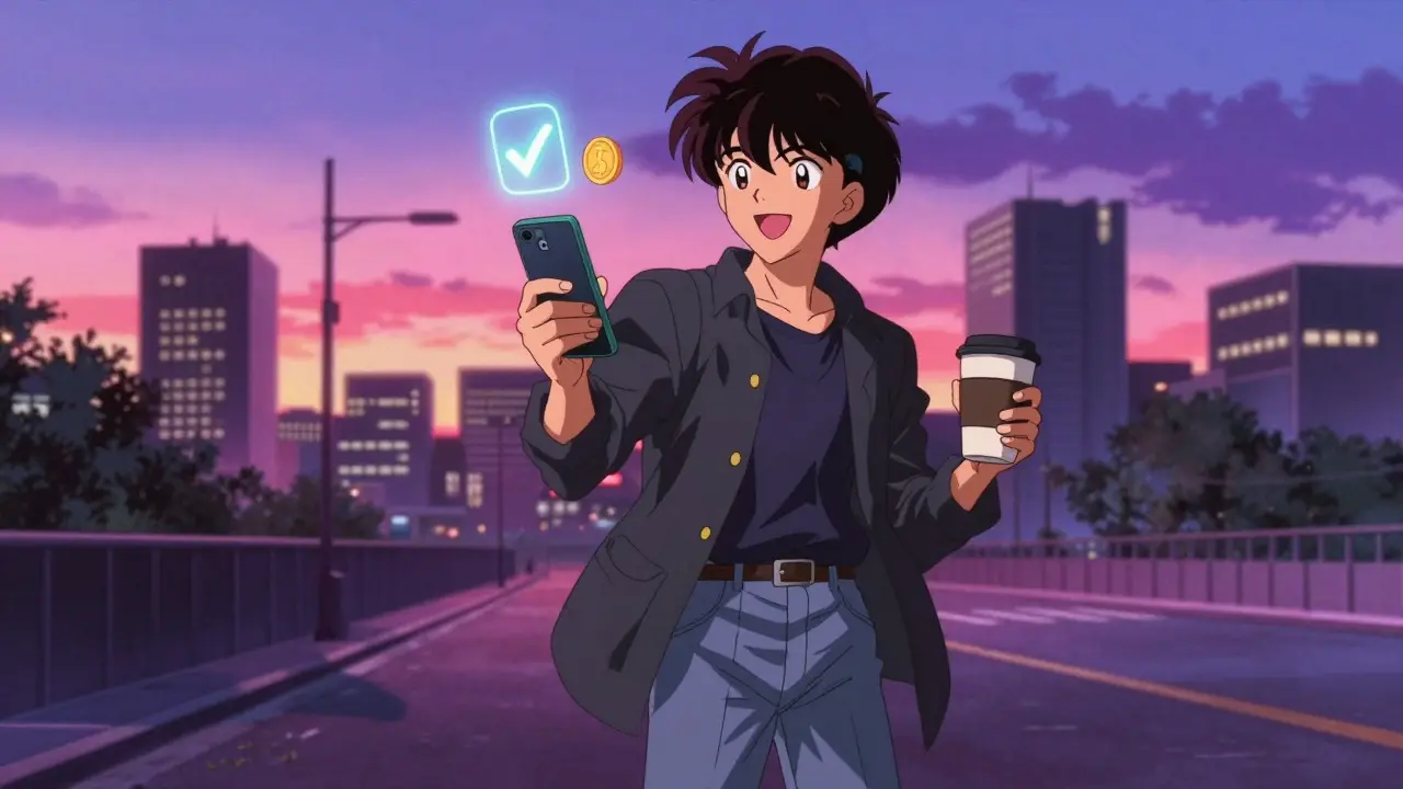 A happy person walking down a city street at dusk, holding a phone with a digital success icon.