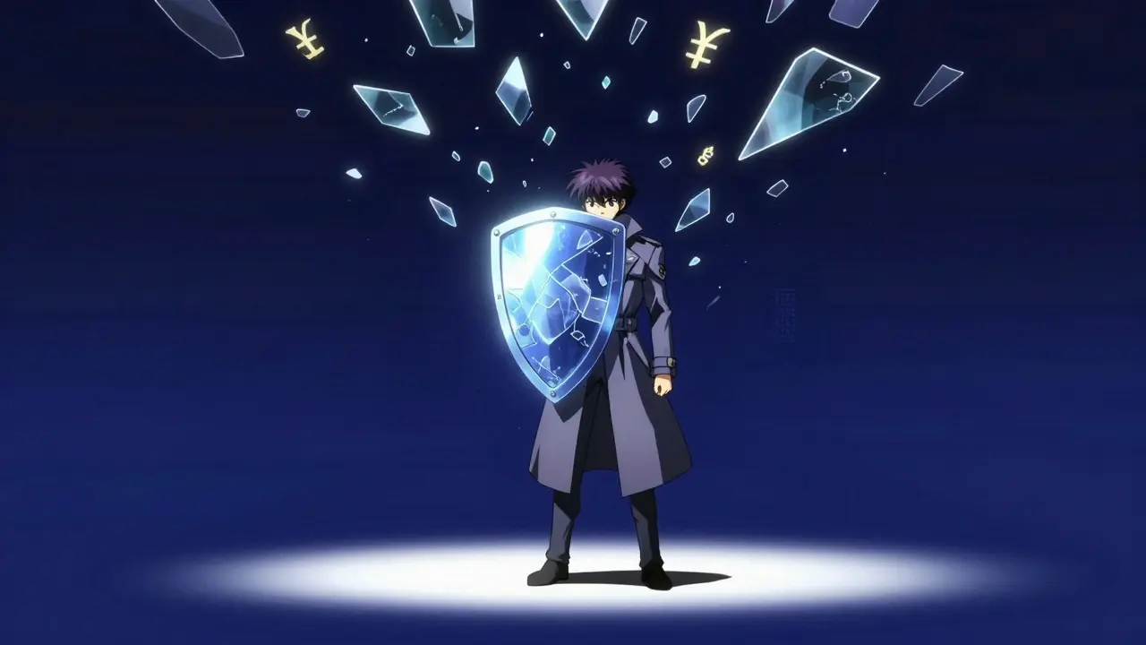 A lone figure holding a shield in a digital void, protected from falling data shards