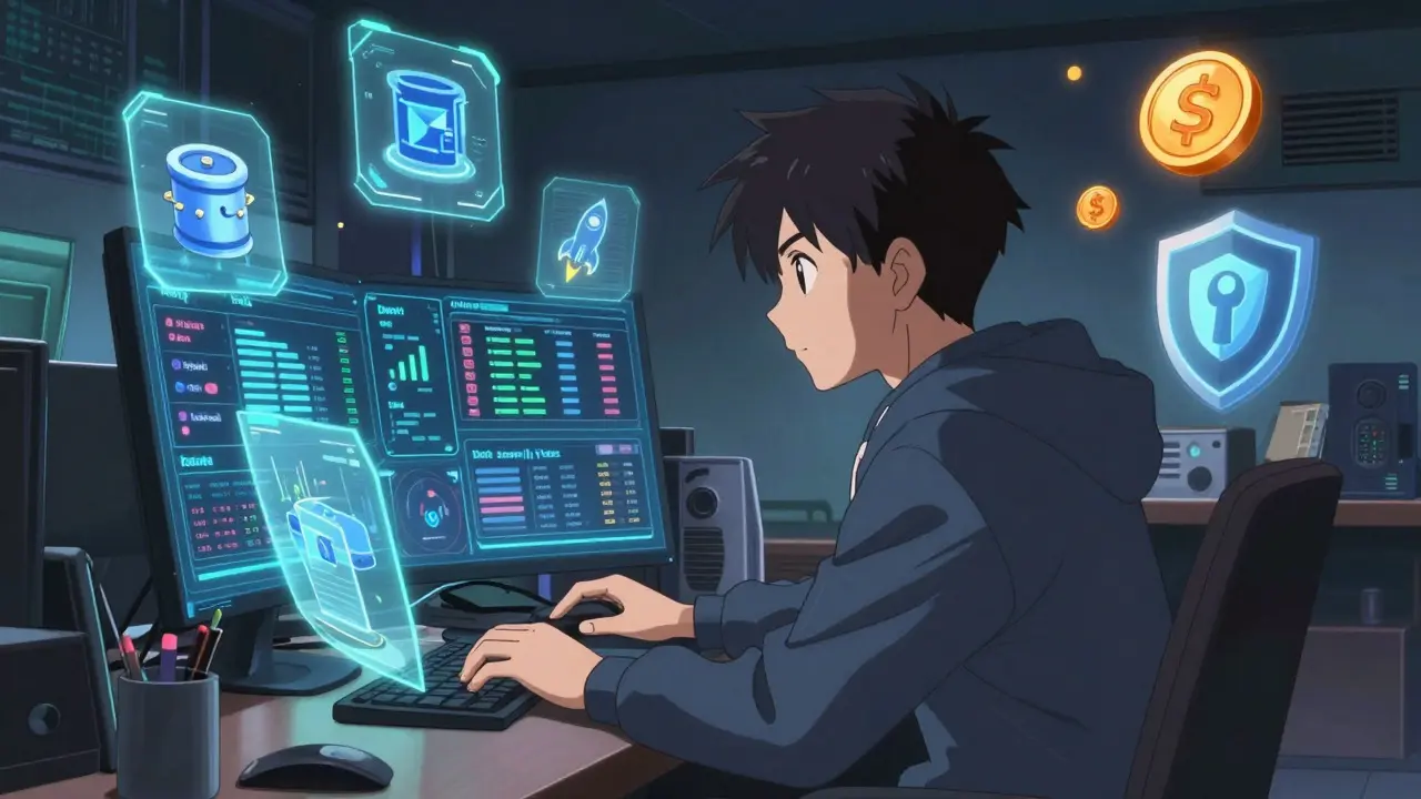 Anime character analyzing complex DeFi dashboards and financial tools on holographic screens