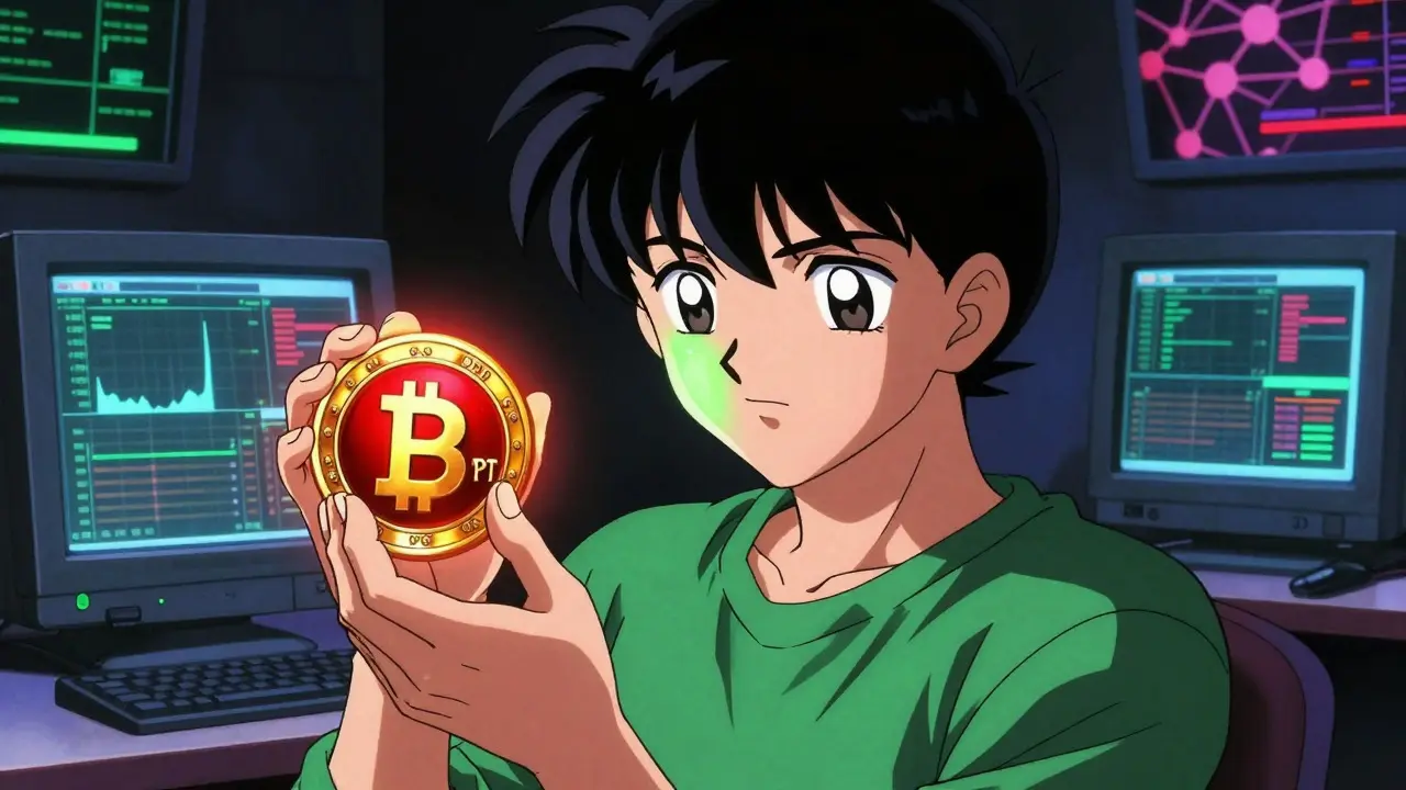 Anime character analyzing crypto charts with glowing PDT token