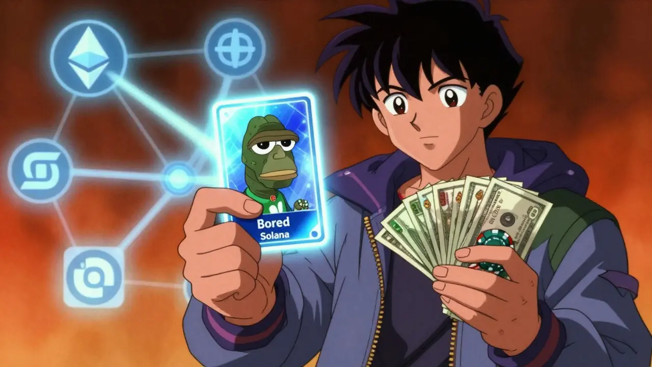 Anime character holding NFT card and cash, showing cross-chain lending concept