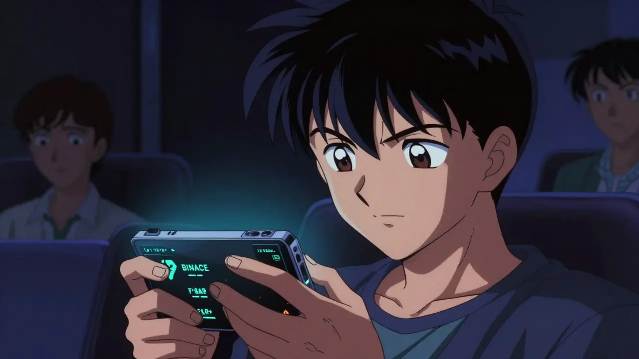 Anime character intensely watching a live stream on a phone in a dimly lit room.