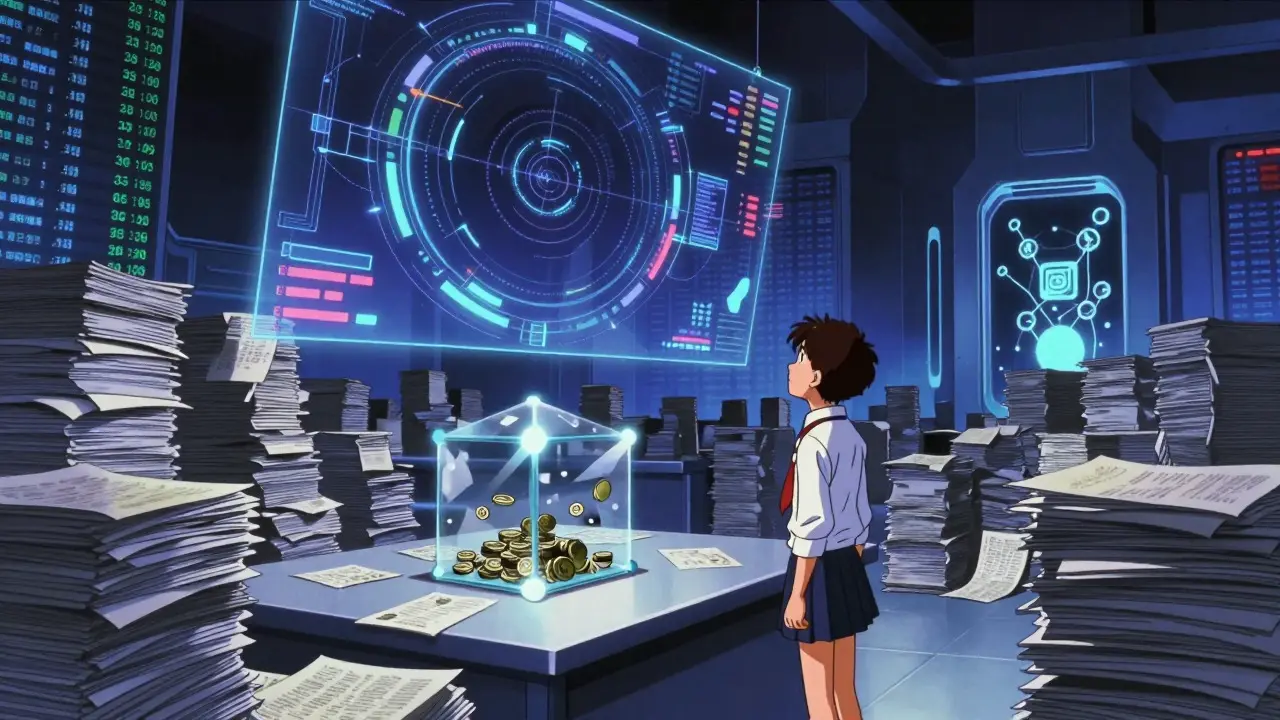 Anime character looking at a large abstract data wall in a dimly lit room