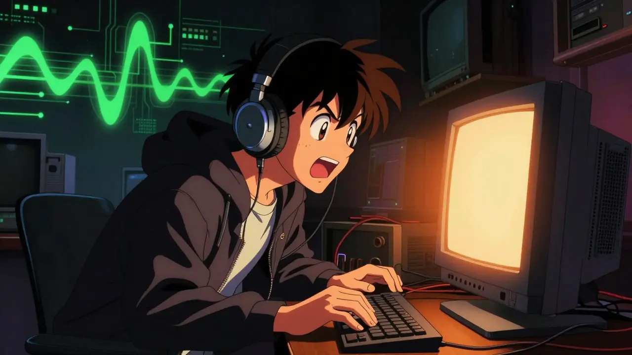 Anime character wearing headphones looking excitedly at a glowing computer screen.