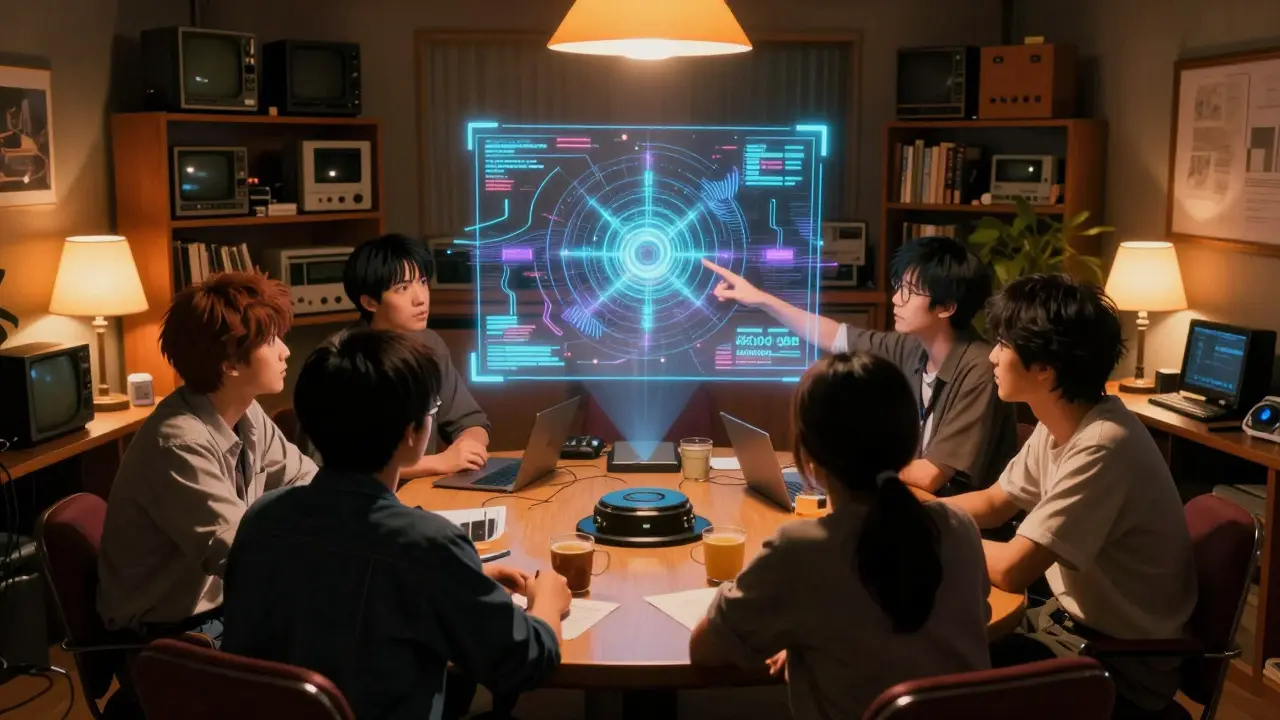 Anime characters discussing around a table with a glowing holographic data display