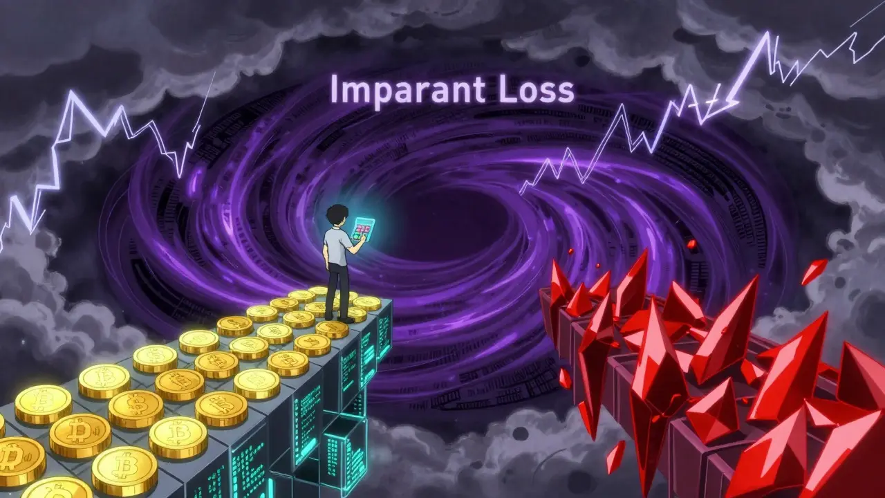Anime depiction of a trader assessing risks on a digital bridge amidst volatile market conditions