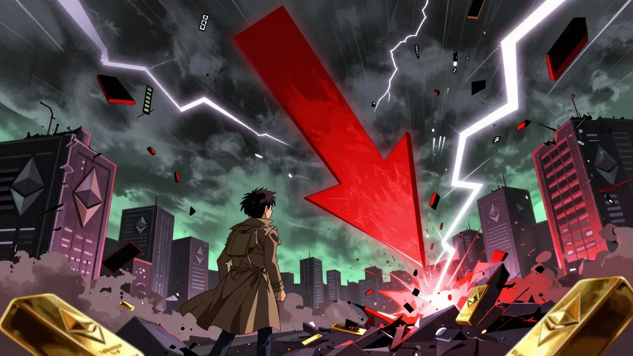 Anime investor watching a steep red price arrow crash through a stormy sky.