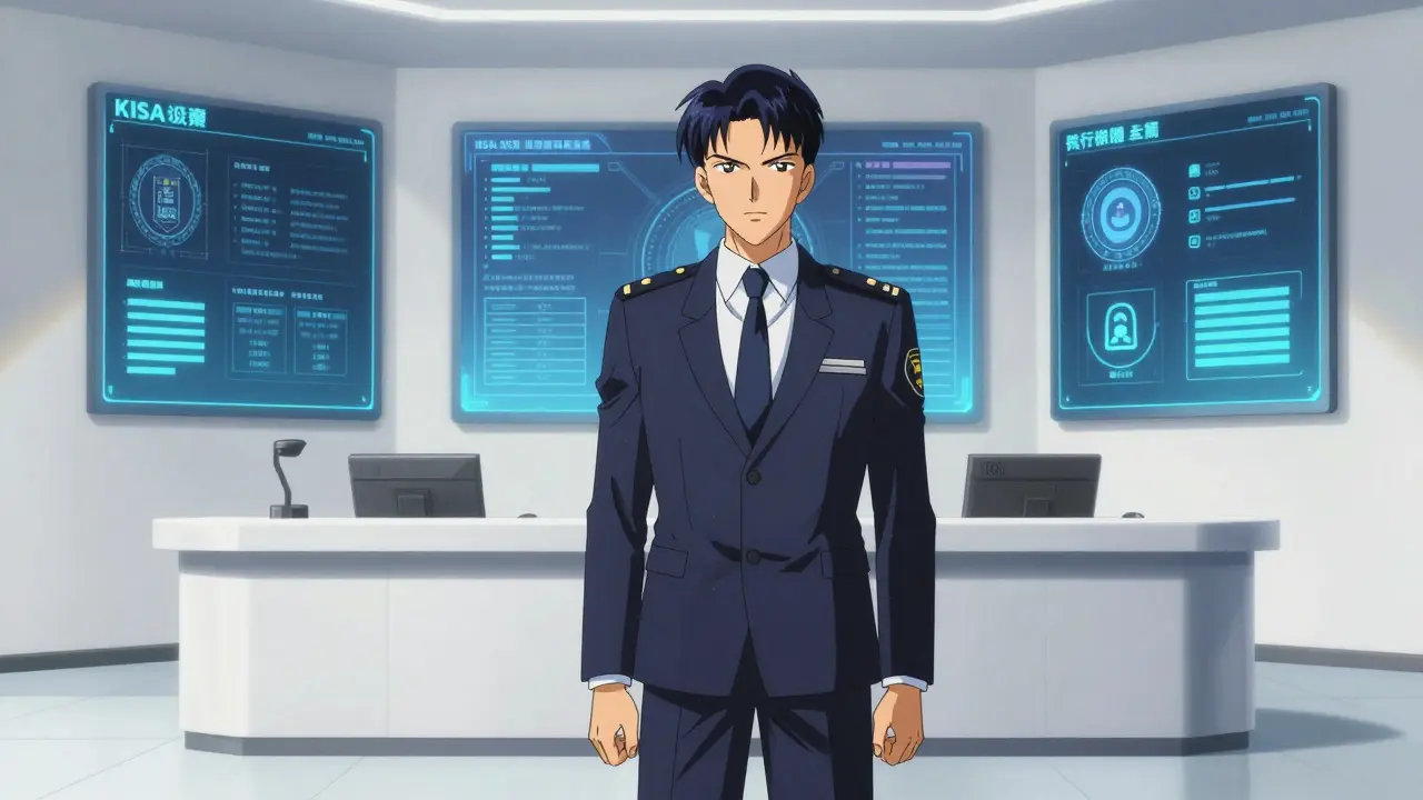 Anime regulator overseeing security protocols and verification systems in a command center.