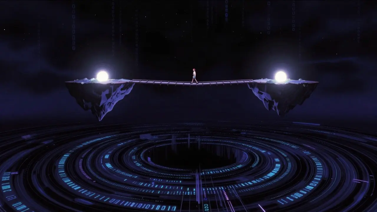 Anime scene of a figure crossing a fragile bridge over a digital void