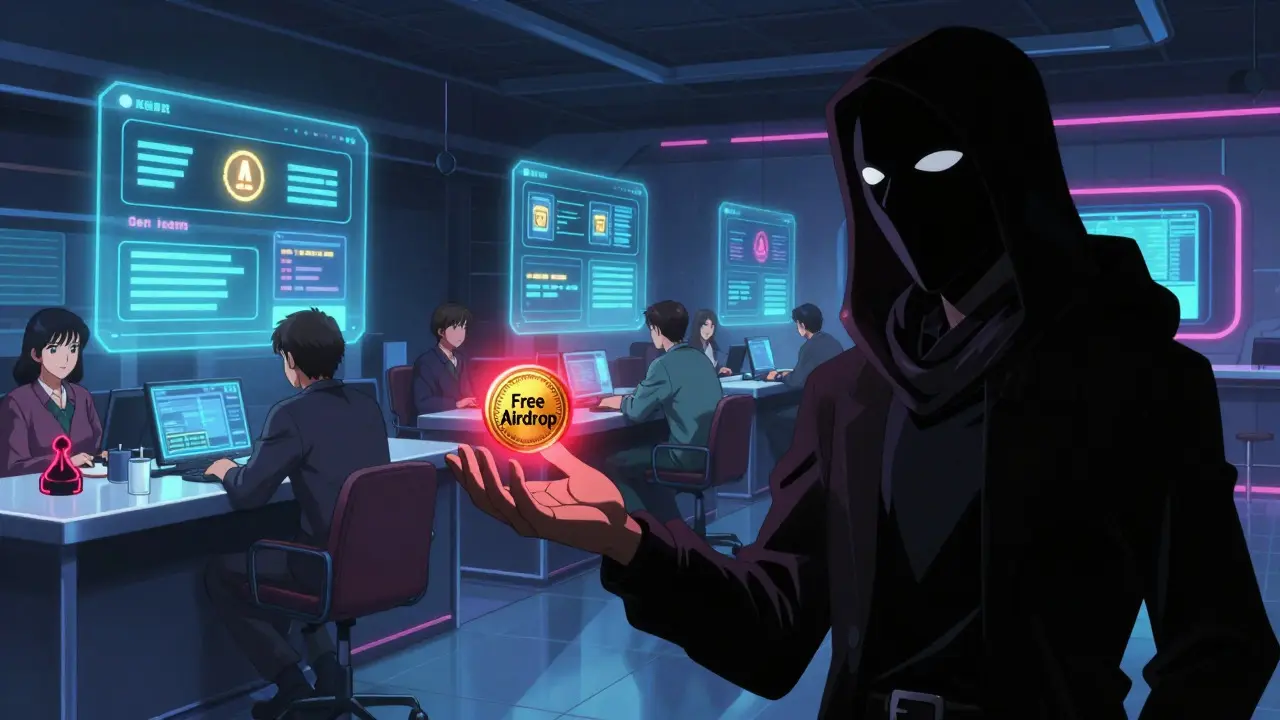 Anime scene warning against fake airdrop scams in DeFi landscape