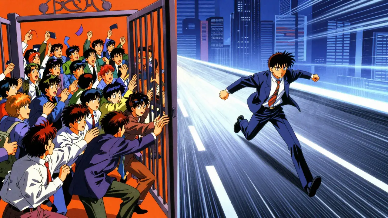 Anime split-screen contrasting pro traders vs retail investors