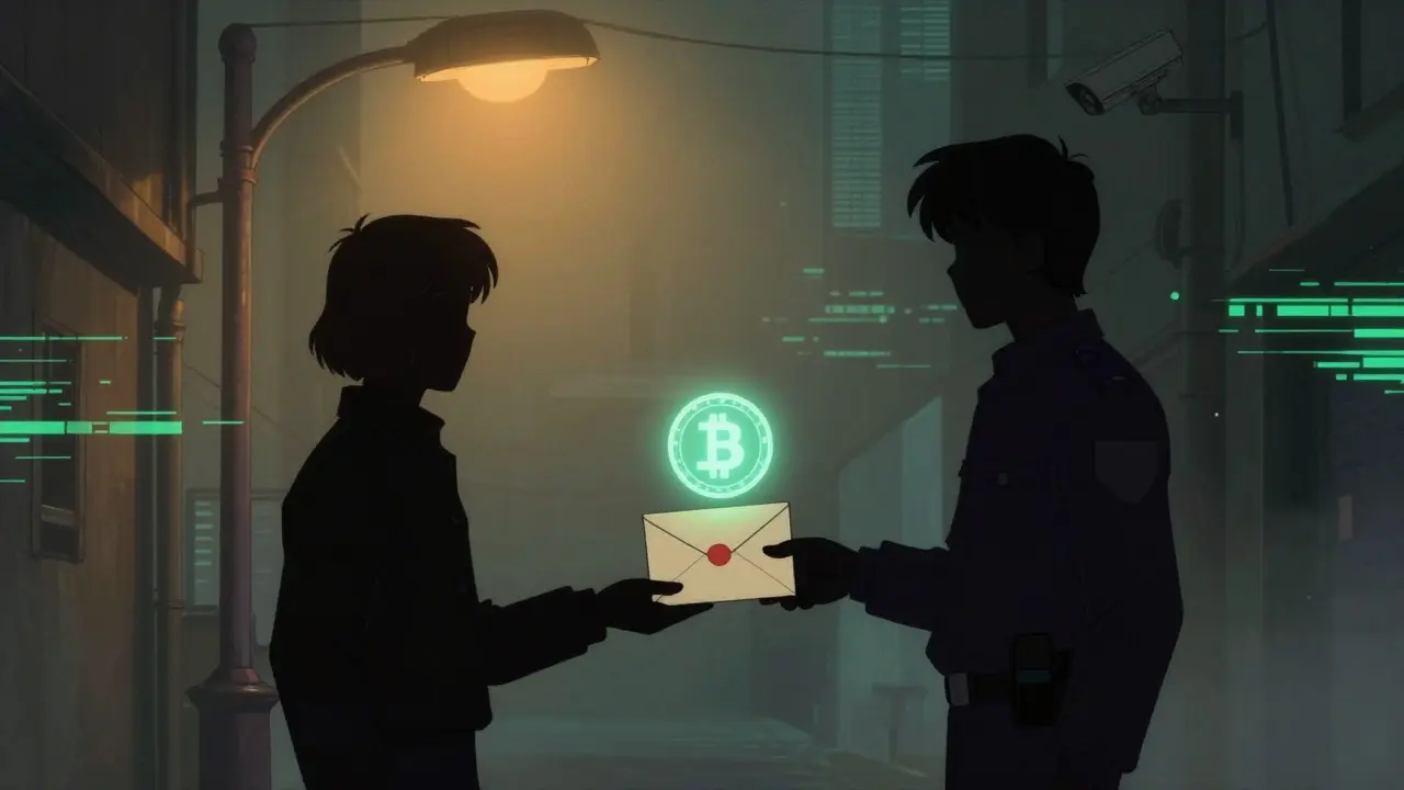 Anime style: shadowy figures exchanging crypto tokens in a foggy alleyway