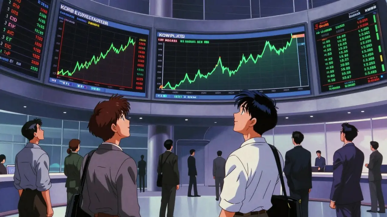 Bustling futuristic trading floor with investors watching rising crypto ETF charts.