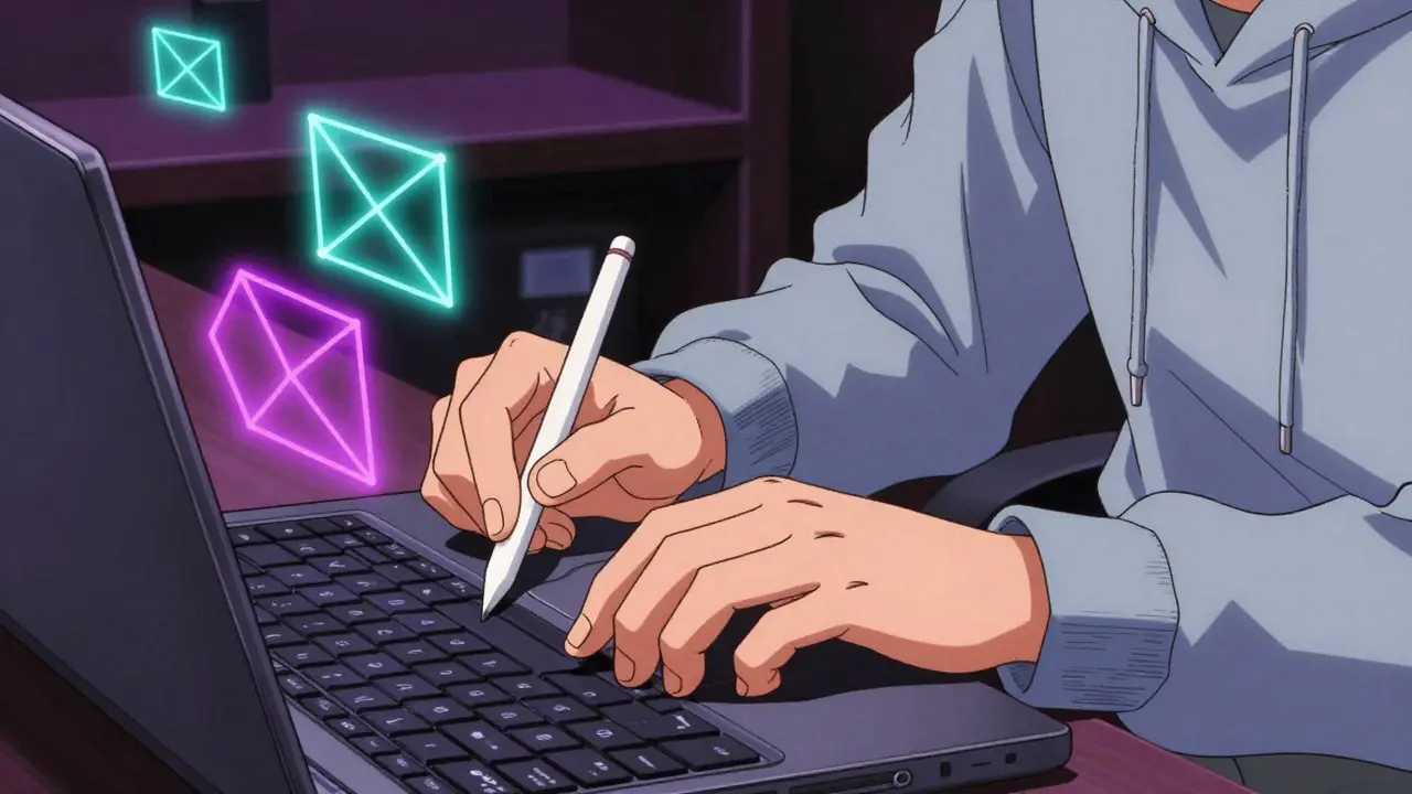Close-up of hands typing on a laptop surrounded by glowing abstract data shapes.