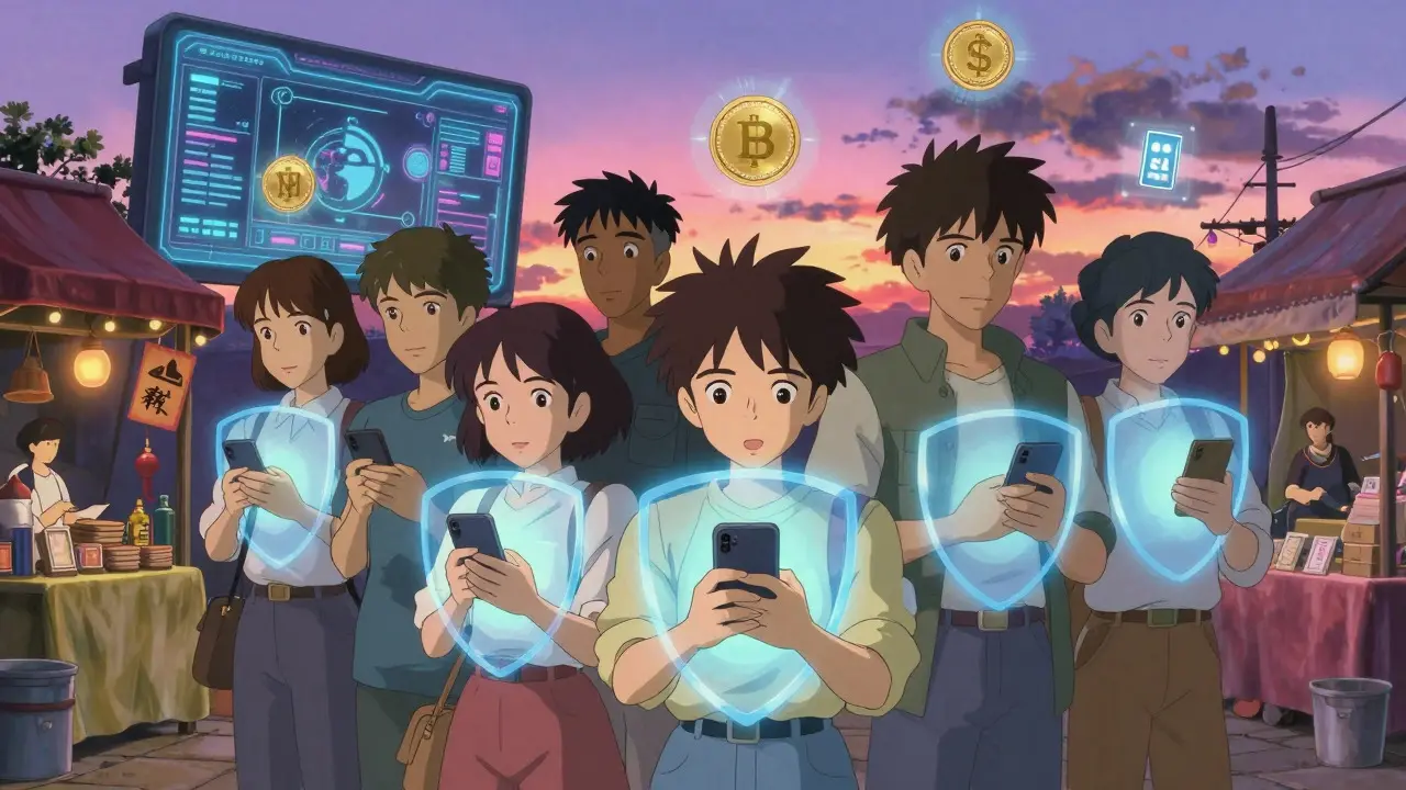 Community protected by digital finance shields in 90s anime