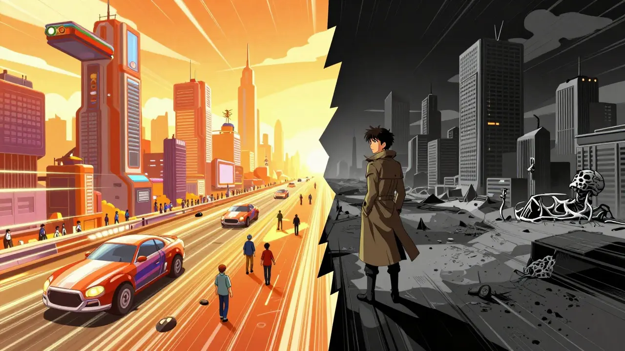 Contrast between vibrant metaverse and desolate wasteland