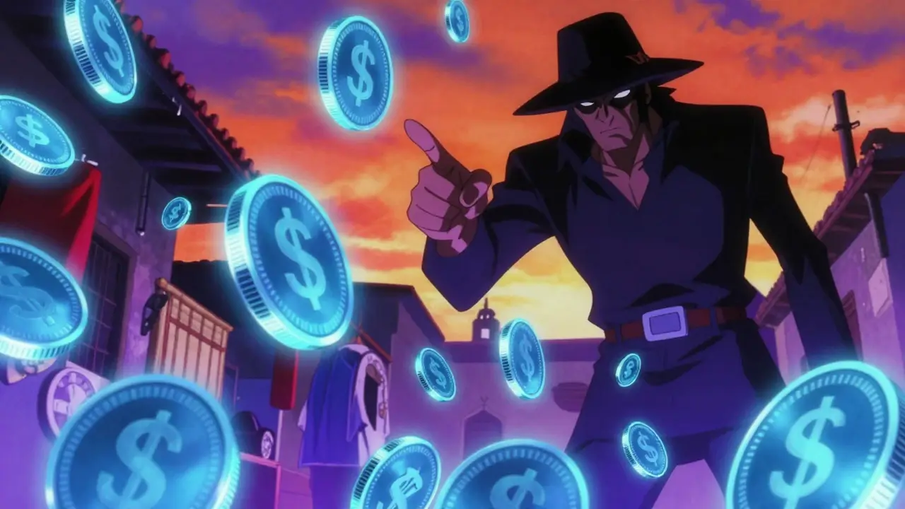 Digital coins floating over market with shadowy auditor