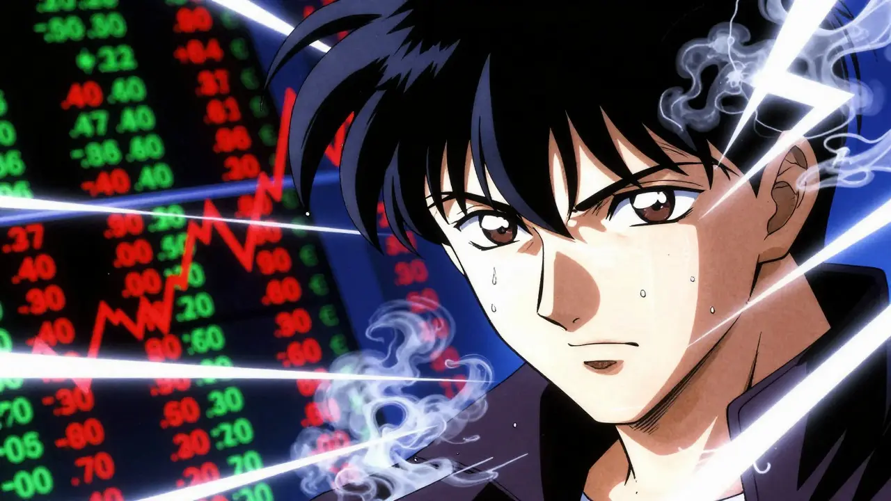 Dramatic anime close-up of a trader facing volatile market lights and chaotic background effects