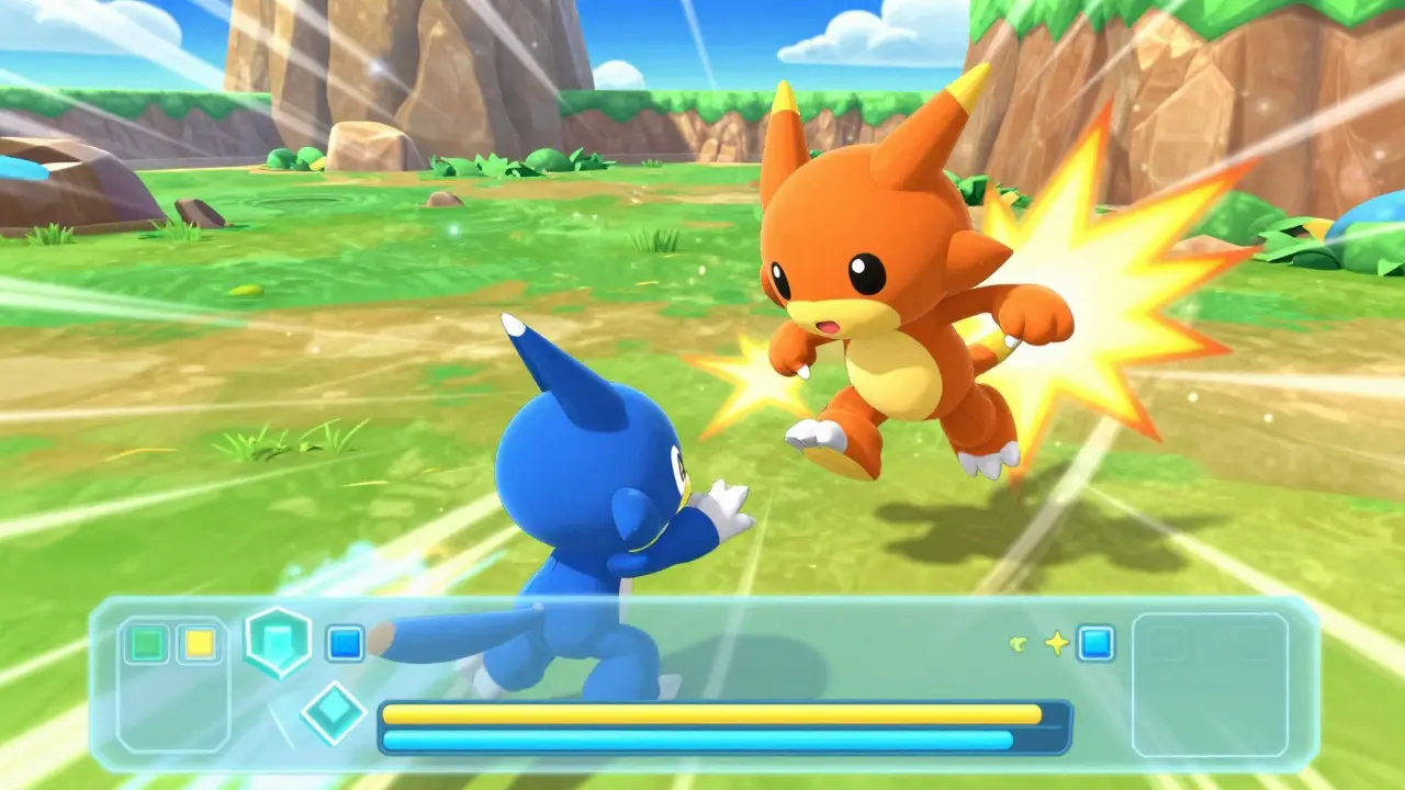 Dynamic anime battle scene featuring a cute monster character attacking in a colorful game arena