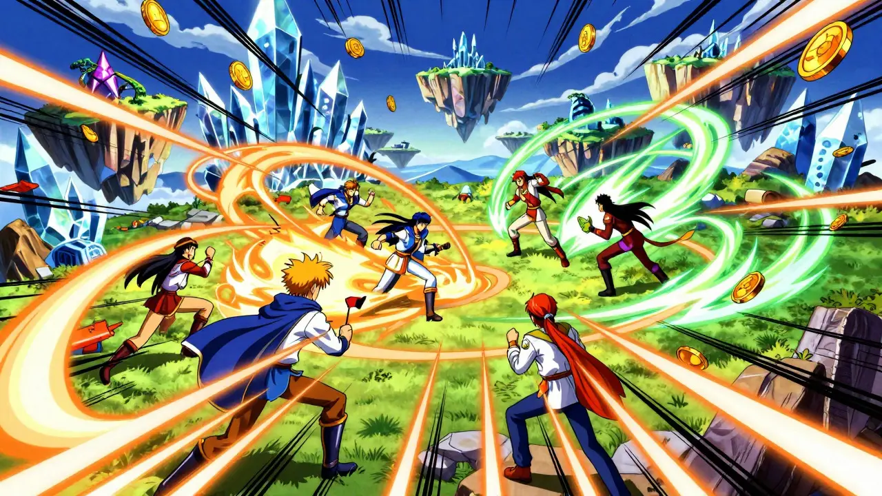 Dynamic anime battle scene with characters fighting amidst magical effects and falling gold coins.