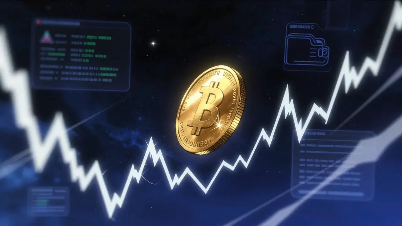 Glowing coin floating amidst chaotic energy waves in space