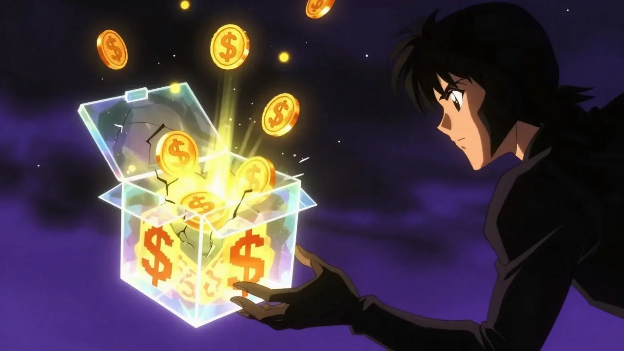 Glowing digital lootbox releasing golden tokens in anime style