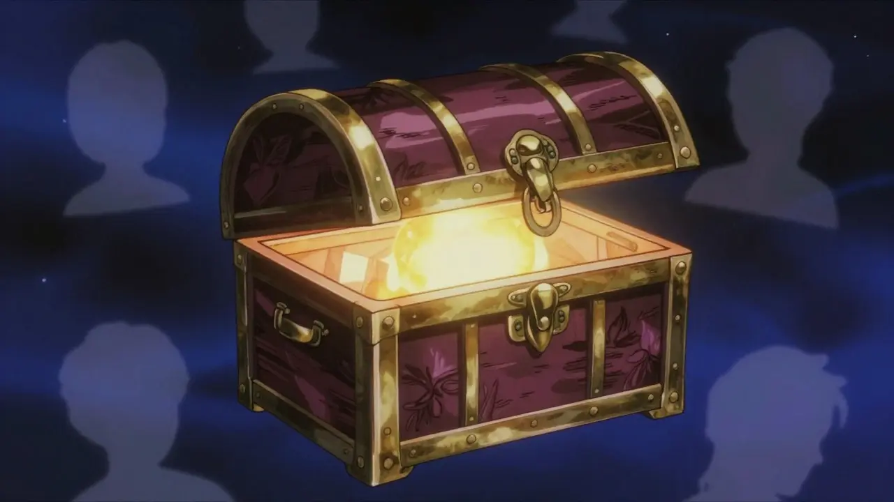 Glowing mystical chest surrounded by ethereal figures in a 90s anime style, representing NFT value