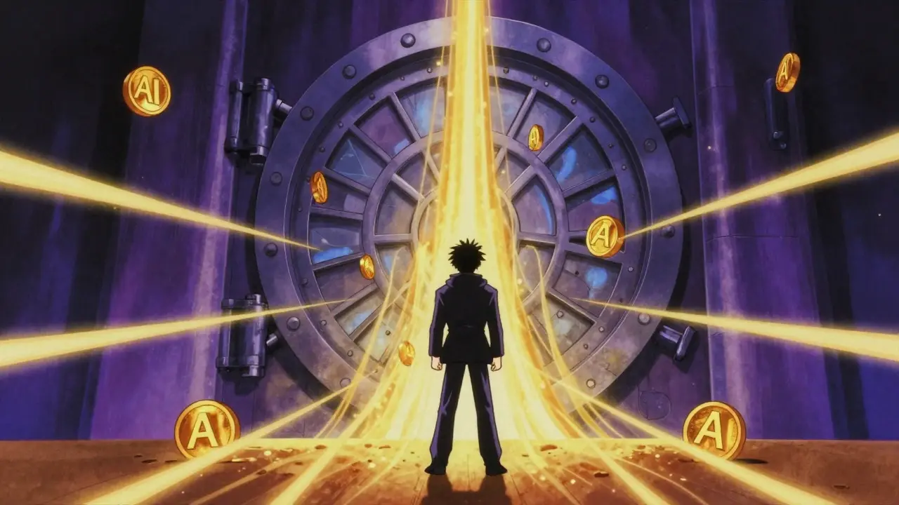 Golden AI reward tokens flowing from a vault in 90s anime style