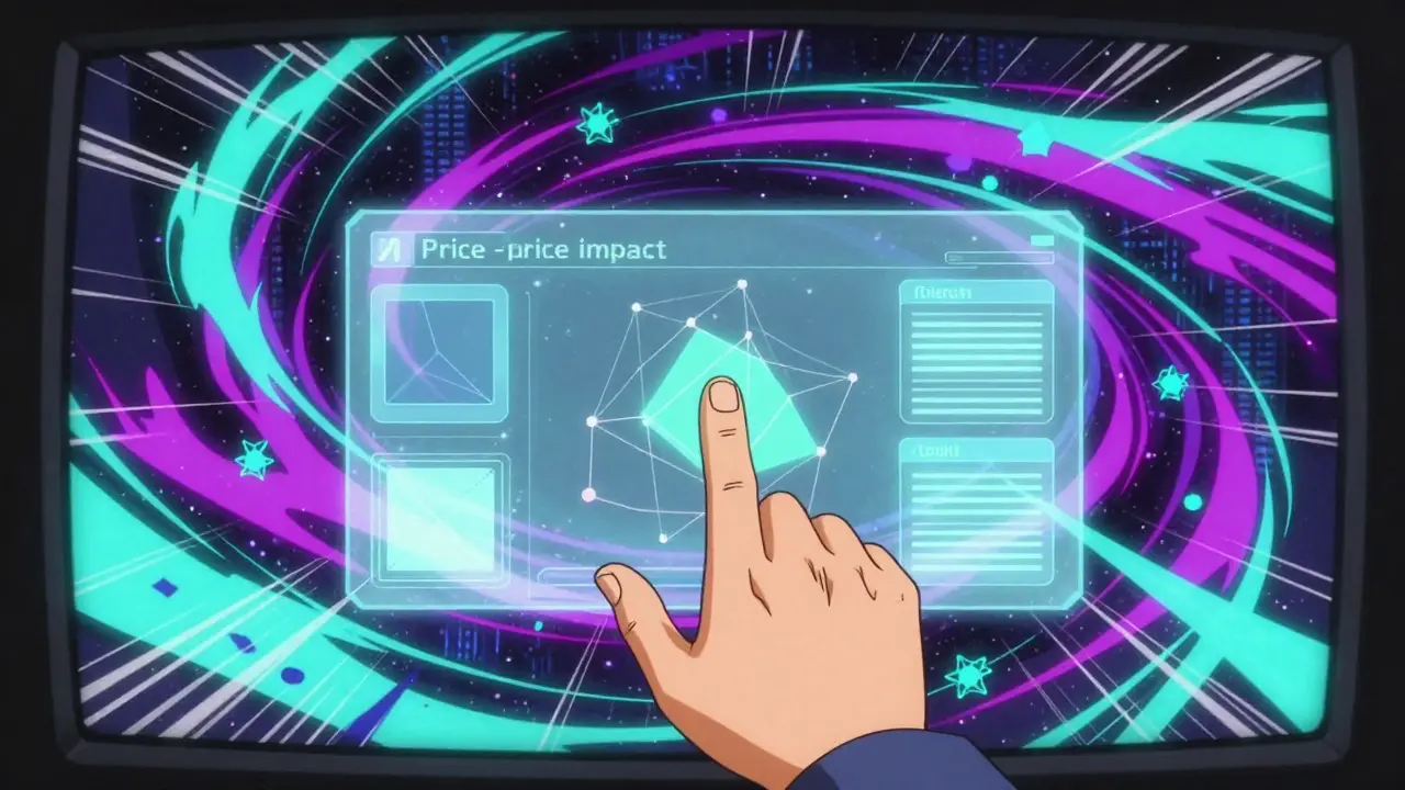 Hand interacting with a holographic crypto trading interface