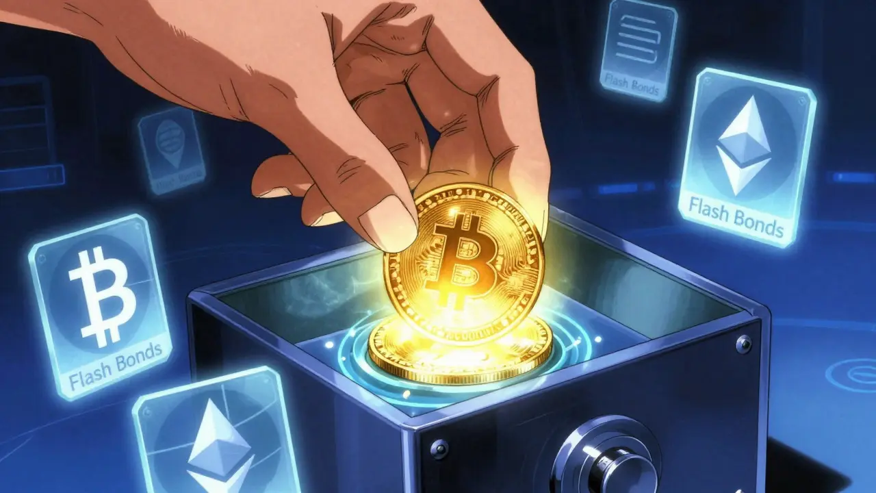 Hand locking a glowing token in a digital box with crypto icons