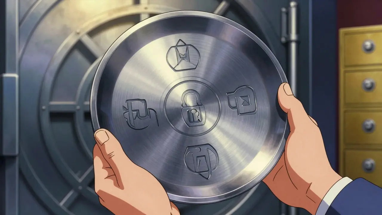 Hands holding an engraved steel plate in a secure vault setting