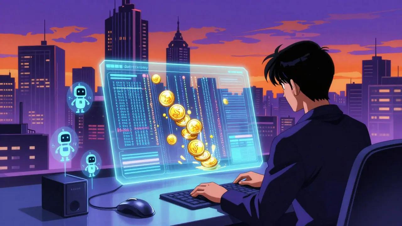 Holographic data coins and code in 90s anime style