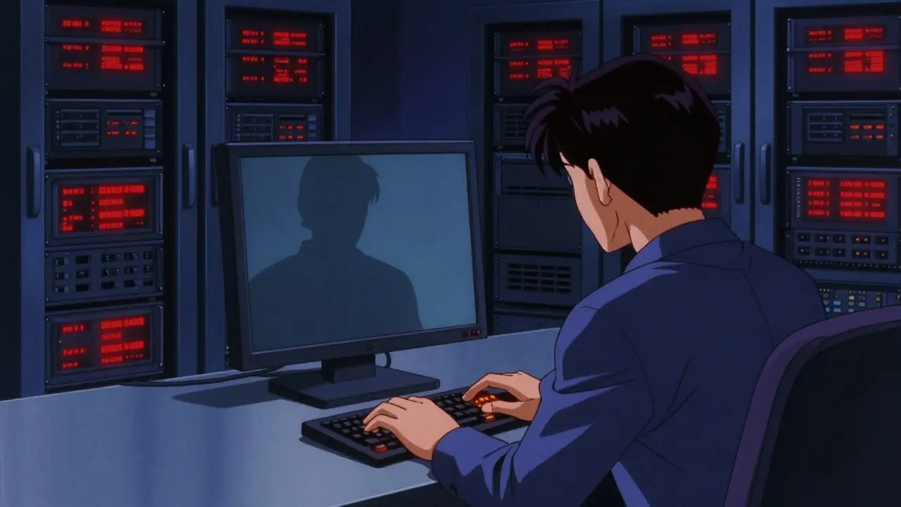 IT worker in a server room being monitored during a cyber heist in 90s anime style