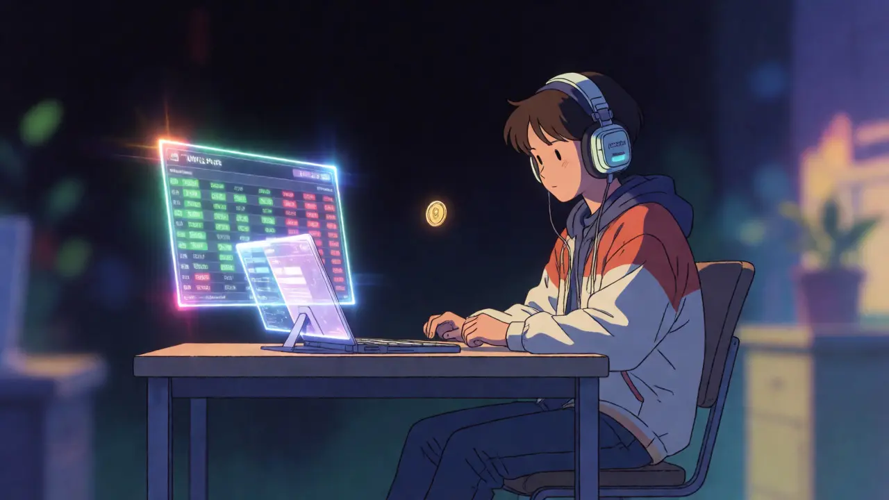 Lone anime trader facing sparse holographic order books indicating low liquidity