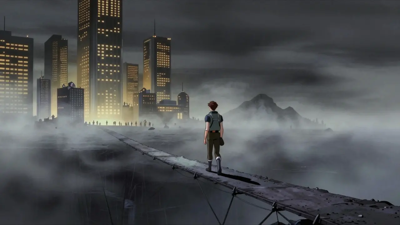 Lone trader on a narrow bridge overlooking a busy city