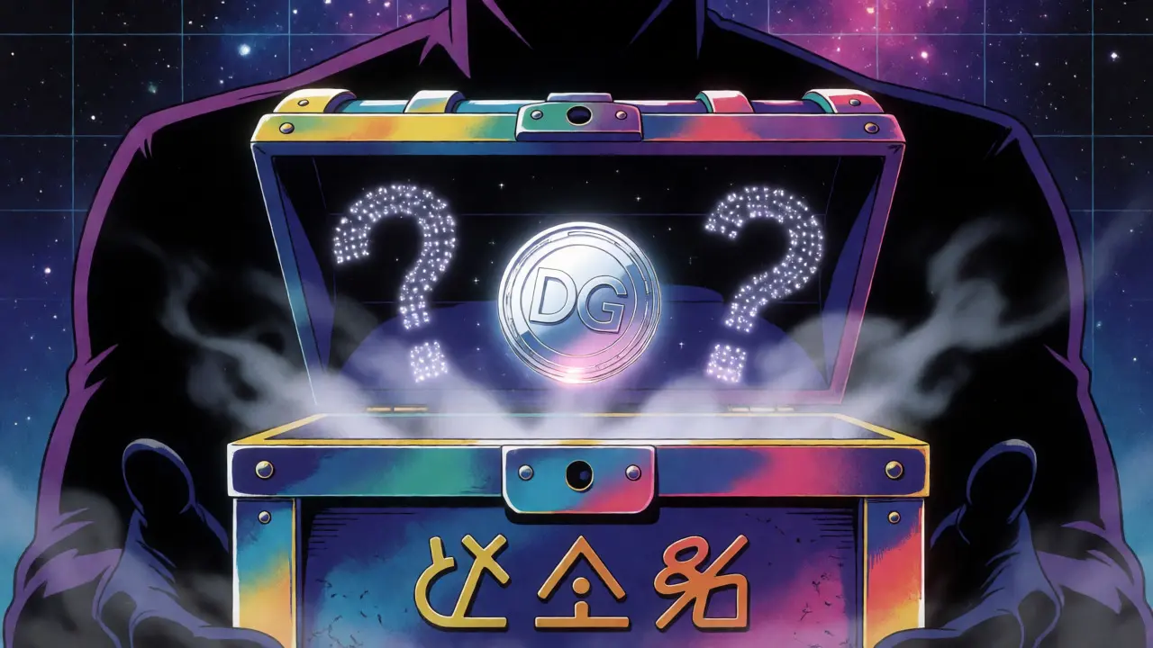 Mysterious anime treasure chest revealing a single glowing DG token in a void