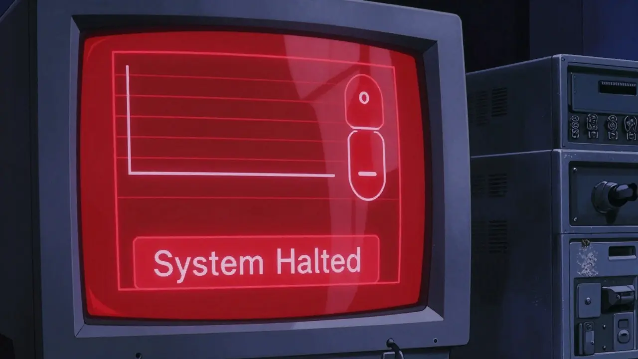 Retro monitor showing system failure and flatlined graphs
