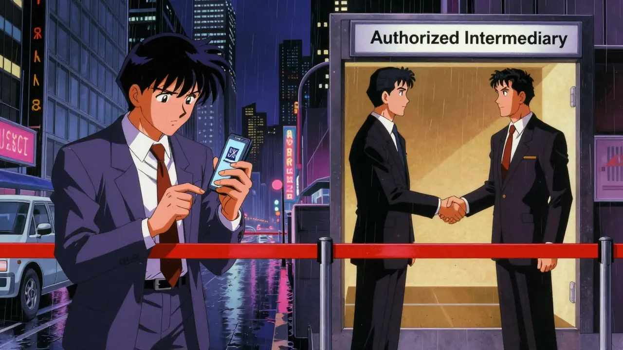 Split screen showing overseas firms vs UK intermediaries in anime style