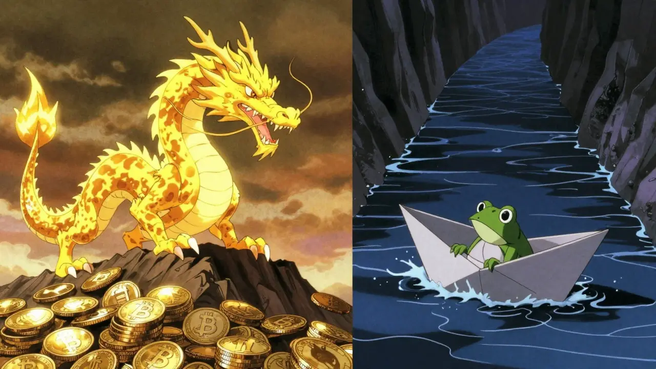 Split view showing a strong dragon vs a tiny frog boat in rough waters.