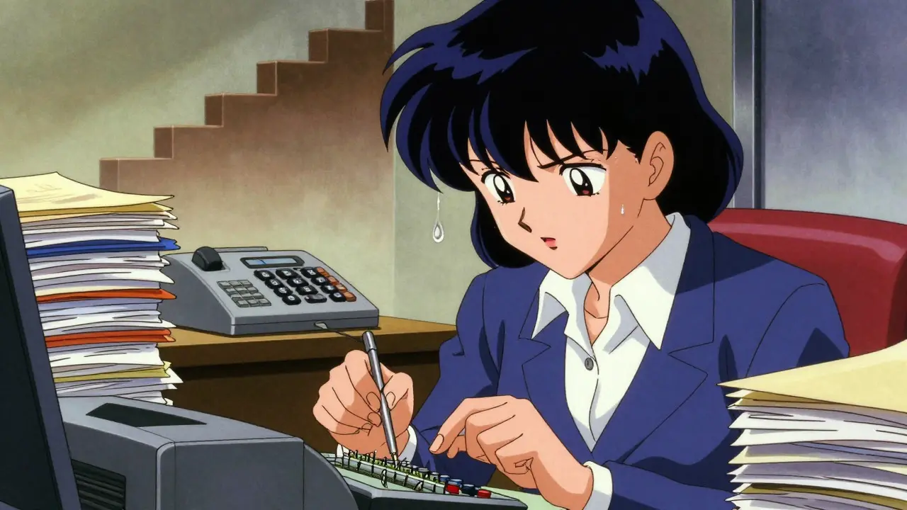 Stressed accountant calculating taxes in retro office