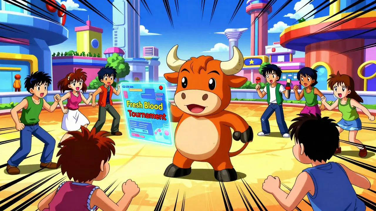 Stylized bull mascot and avatars in a vibrant 90s anime metaverse